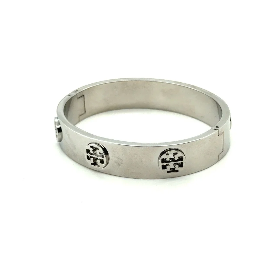 Tory Burch Miller Stud Hinge Bangle‎ Bracelet Silver Tone Double T Logo 6.5in